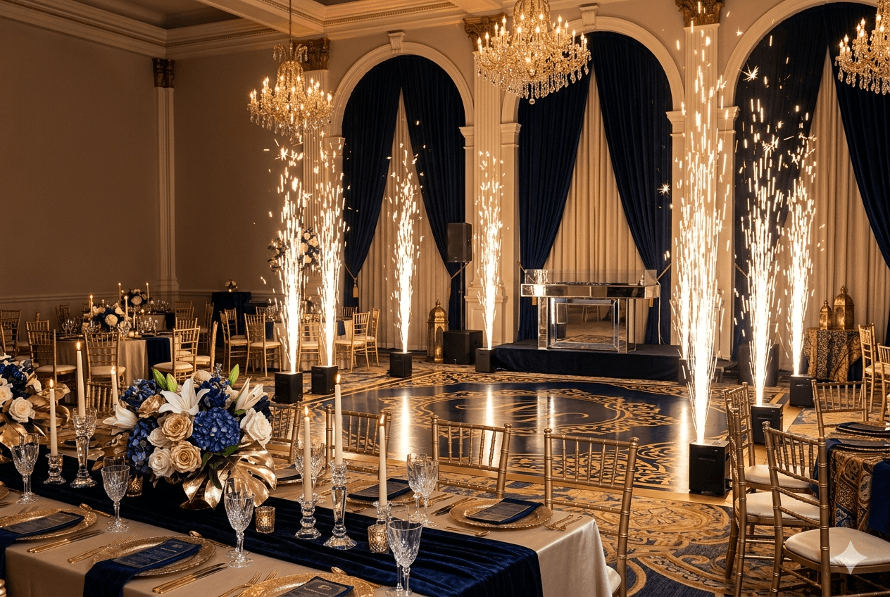 Reception ballroom with chandeliers, navy and gold styling