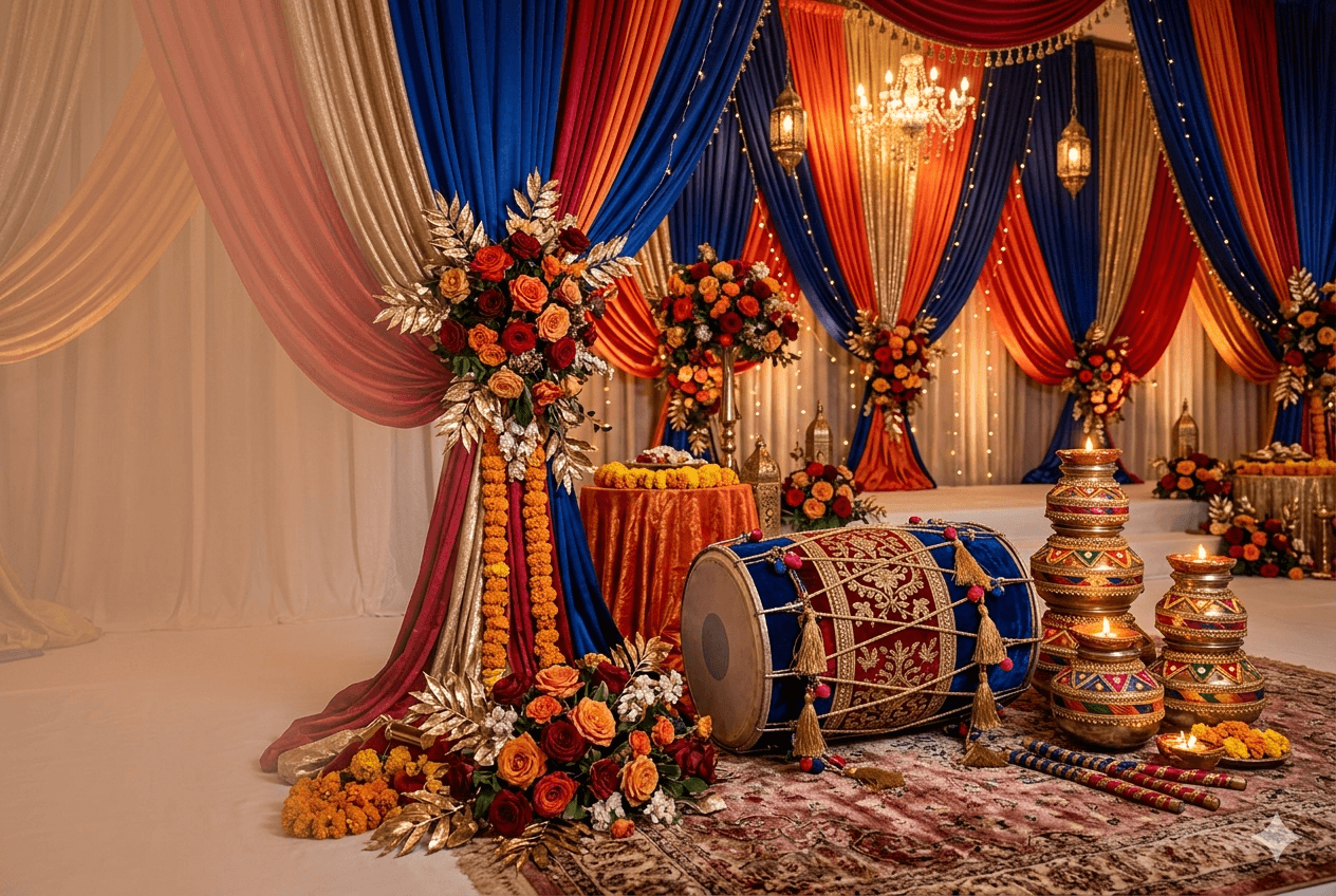 Sangeet stage with dhol, draping and marigolds