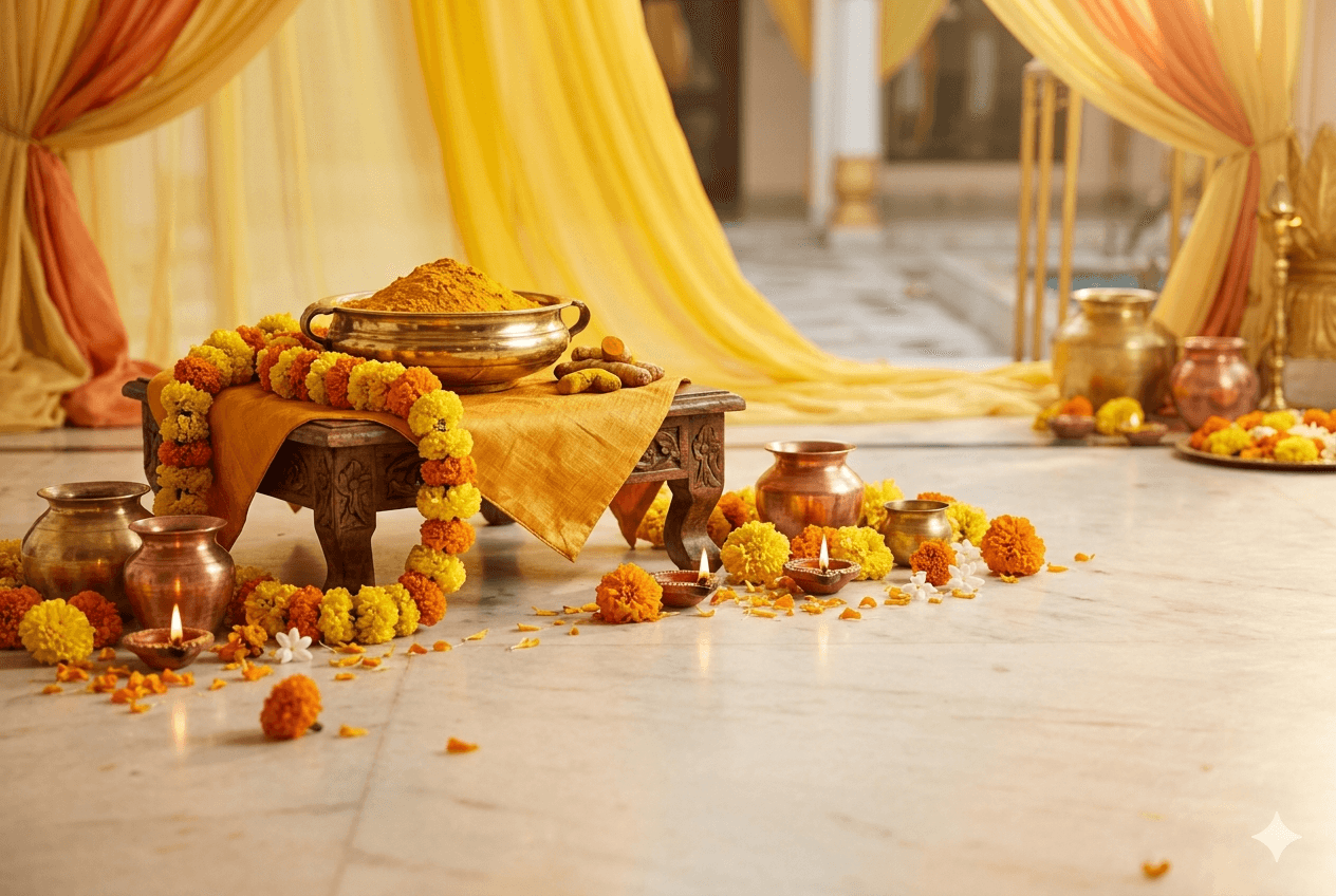 Haldi ceremony setup with turmeric, marigolds and copper pots