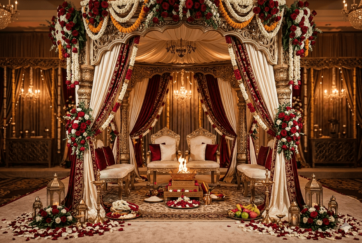 Wedding mandap with floral garlands and the sacred fire